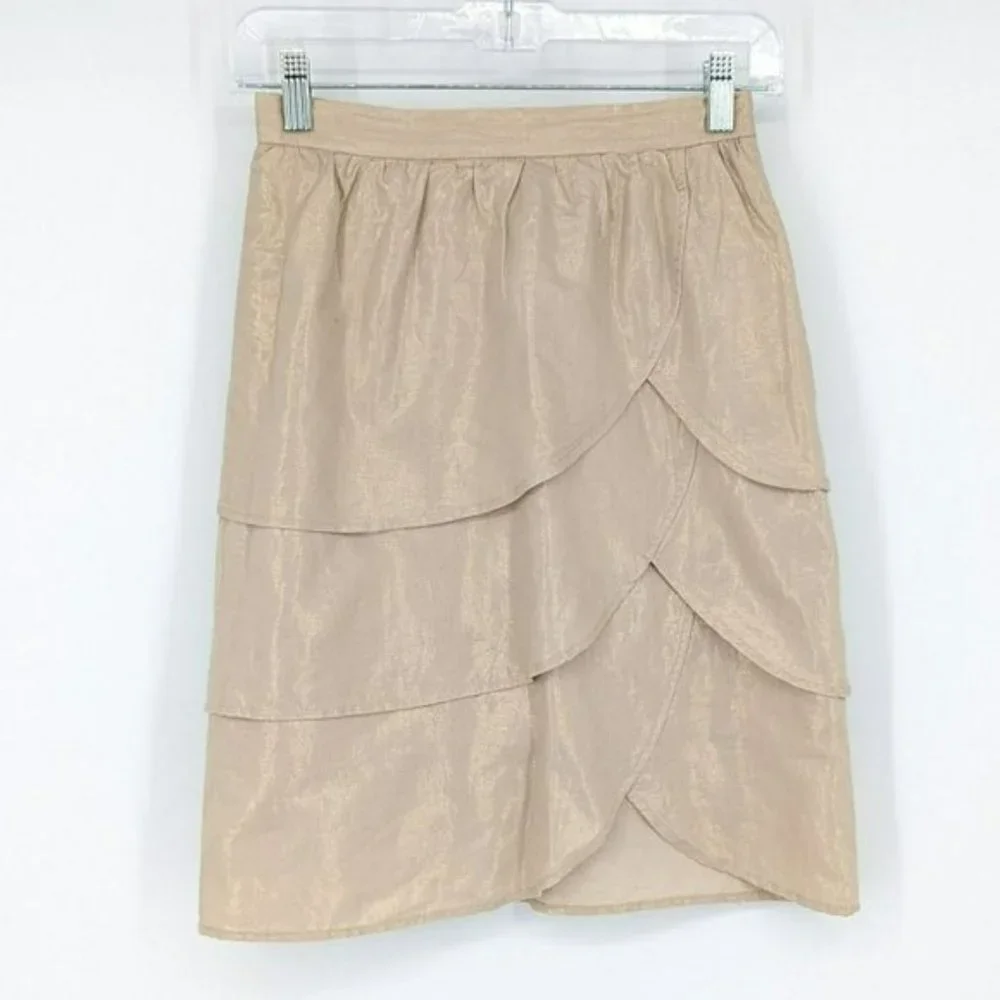 Anthropologie Edme & Esyllte Gilded Lily Tiered Skirt 0 Gold Shimmer Lined Slit